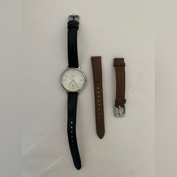 Fossil Silver Jacqueline Watch w/Black and Brown Straps - Picture 4 of 12